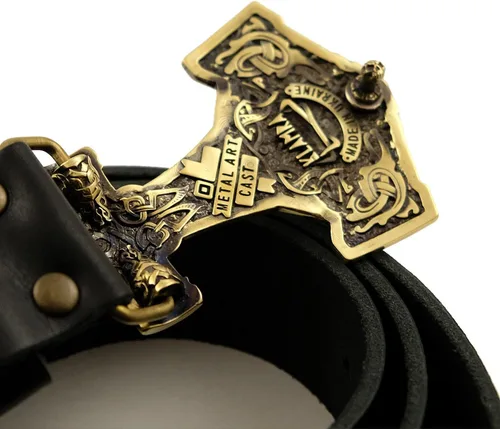 Miniatura 2 de Leather belt with Thor Hammer buckle, Scandinavian Old Norse Viking Mjolnir solid brass belt buckle on 1.5" or 1.8" leather strap