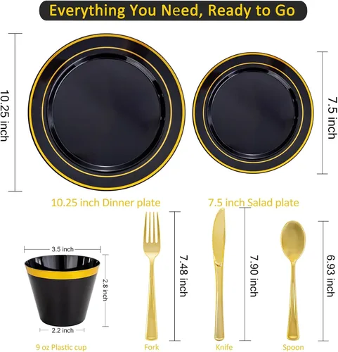 Miniatura 2 de WELLIFE 210 piezas platos de plástico negro y dorado - Juego de vajilla de plástico para 30 invitados, incluye 30 platos de cena, 30 platos