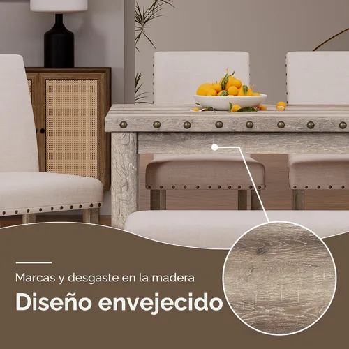 Miniatura 6 de Morden Fort Juego de Comedor Estilo Granja para 4, Mesa Rectangular de Madera de 60" y 4 Sillas Tapizadas con Detalles de Tachuelas, Juego de Mesa