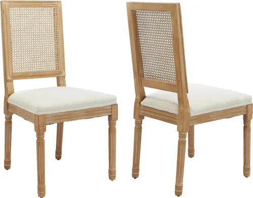 Miniatura 89 de Juego de 2 sillas de comedor de campo francés, sillas de comedor de madera de granja beige, silla de comedor con respaldo tejido con cojín tapizado