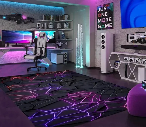 Alfombra de sala de juegos, alfombra de deportes electrónicos, alfombra de aspecto neón, alfombra colorida, alfombra de juegos, alfombra morada,