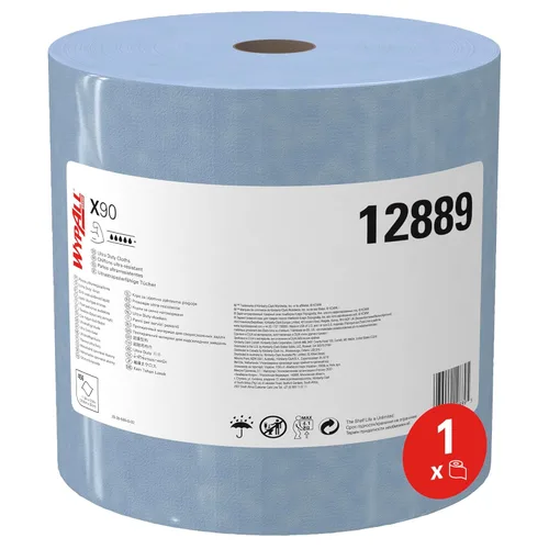 WypAll Paños PowerClean X90 Ultra Duty (12889), rollo jumbo, toallas de uso extendido, azul (450 hojas/rollo, 1 rollo/caja, 450 hojas/caja)