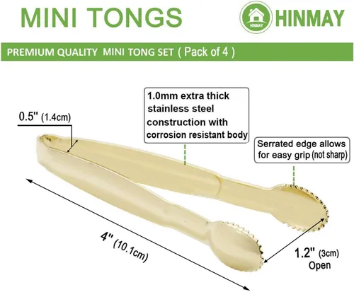 Miniatura 3 de HINMAY Pinzas para servir chapadas en oro de 4 pulgadas, pinzas de cubo de azúcar de acero inoxidable, minipinzas para hielo, juego de 4