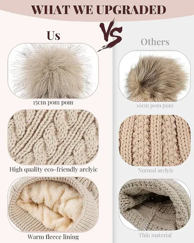 Miniatura 2 de Alepo Womens Winter Beanie Hat, Warm Fleece Lined Knitted Soft Ski Cuff Cap with Pom Pom