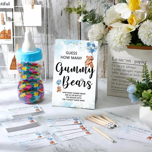Miniatura 5 de Qilery 122 Piezas Juegos de Baby Shower Adivina Cuántos Osos 100 Tarjetas de Adivinanzas 20 Lápices 1 Botella 1 Cartel de Madera en Pie
