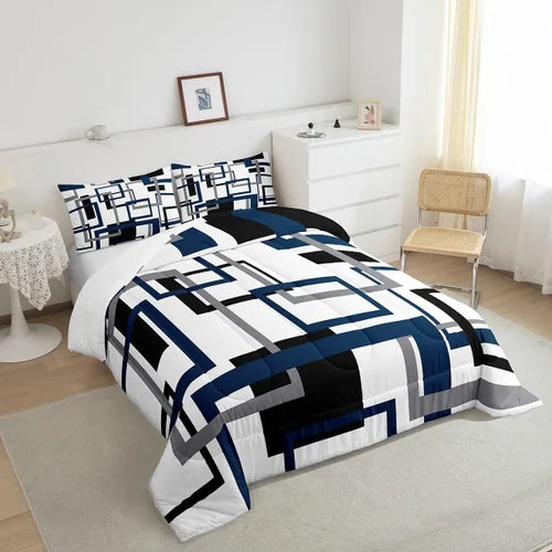 Miniatura 4 de Erosebridal Edredón Cuadrado para Niños y Niñas, Juego de Ropa de Cama Negro y Gris Blanco Azul Marino, Juego de Edredón Geométrico Completo