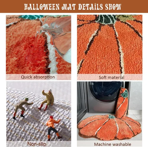 Miniatura 6 de YRXRUS Tapetes de baño con diseño de calabaza de Halloween, con forma de calabaza, lavable a máquina, alfombra naranja para sala de estar
