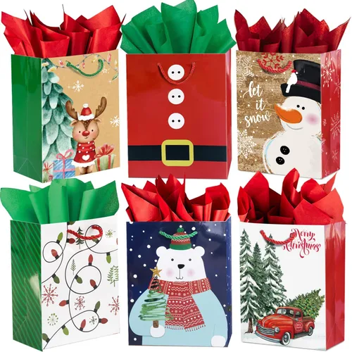 Party Funny Juego de 24 bolsas pequeñas de regalo de Navidad a granel con asas, 26 papel de seda y 60 etiquetas de regalo de Navidad, 24 diseños