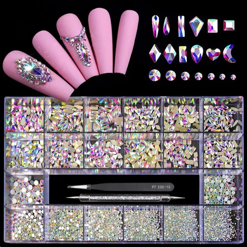 Yzzseven 12 tipos de 600 diamantes AB de cristal + 2500 diamantes de imitación planos mezclados 20 estilos de parte trasera plana DIY manualidades