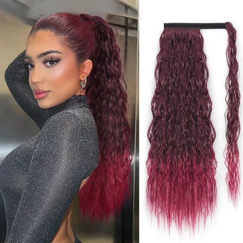 Miniatura 8 de Extensión de cola de caballo ondulada larga con pegamento mágico, resistente al calor, sintética, para envolver, cabello ondulado, para mujer