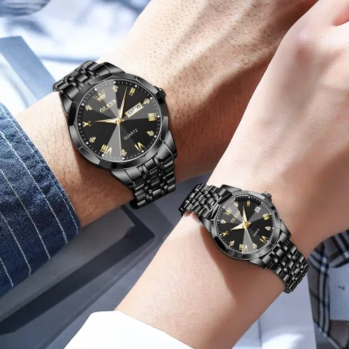 Miniatura 36 de OLEVS Juego de 2 relojes de cuarzo para parejas de San Valentín, calendario luminoso, ventana de fecha, 3 ATM, impermeable, casual, acero