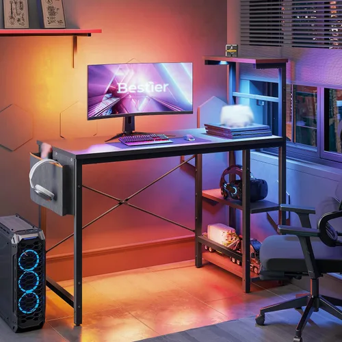 Miniatura 2 de Bestier - Escritorio de juegos con luces LED, escritorio para PC de 44 pulgadas para espacios pequeños, escritorio de computadora con estantes