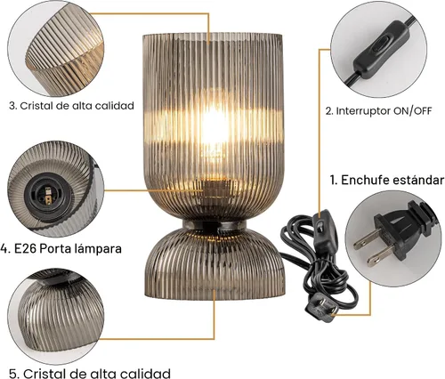 Miniatura 8 de Lámpara de mesa moderna, lámpara de vidrio de mediados de siglo con pantalla de vidrio gris ahumado, lámpara de cabecera con interruptor
