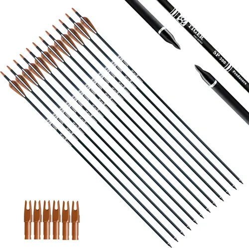 Miniatura 12 de TIGER ARCHERY - Flecha de carbono de 30 pulgadas con puntas extraíbles para arco compuesto y recurvo (paquete de 12 unidades)