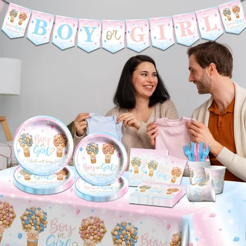 Miniatura 3 de Baby Bear - Vajilla de revelación de género, 122 piezas, platos y servilletas, tazas, mantel de oso para niños o niñas, suministros de fiesta