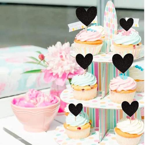 Miniatura 6 de 30 piezas de decoración para cupcakes con diseño de corazón con purpurina para cupcakes, despedida de soltera, boda, compromiso, decoración de Negro