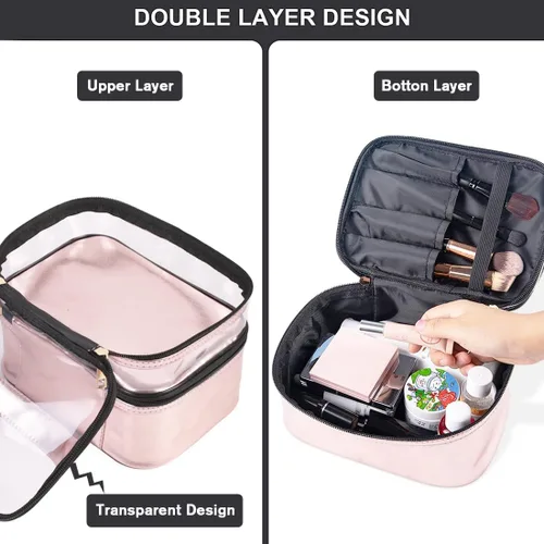 Miniatura 3 de FITINI Bolsas de maquillaje de doble capa de almacenamiento de viaje estuches cosméticos organizador de maquillaje bolsas de aseo resistentes al Rosa