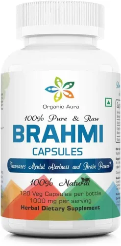 Organic Aura Cápsulas Brahmi -120 unidades. Fortalece y aumenta naturalmente la inmunidad y la memoria. Superalimento verde entero. Sin OMG, sin