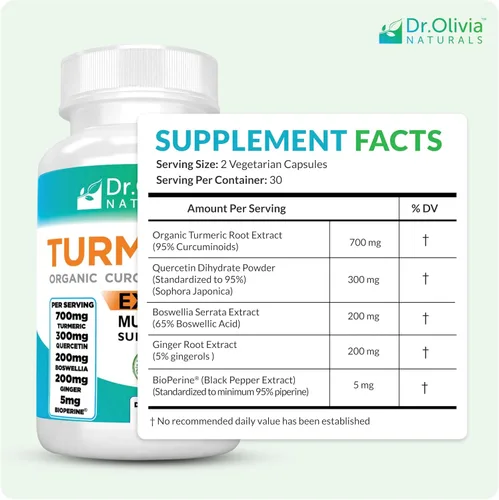 Miniatura 2 de Suplemento orgánico de cúrcuma con curcumina. Ideal para inflamaciones con jengibre, Boswellia & Bioperine®, complejo formulado por la clínica