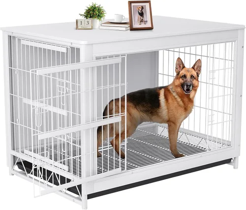 TLSUNNY Muebles de jaula para perros, mesa auxiliar auxiliar de madera de 44.1 pulgadas, moderna perrera con puertas dobles, jaula resistente con