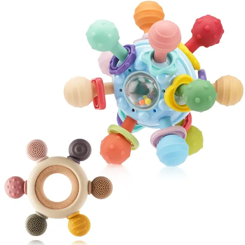 Paquete de 2 juguetes de dentición para bebés de 0-6 6-12 meses, juguetes de silicona calmantes para la dentición del bebé y juguetes sensoriales