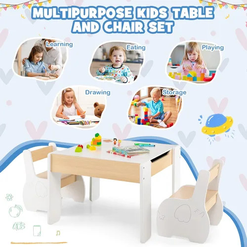 Miniatura 2 de HONEY JOY Juego de mesa y silla para niños, mesa de actividades de madera 4 en 1 y 2 sillas para manualidades artísticas, pizarra reversible, 3