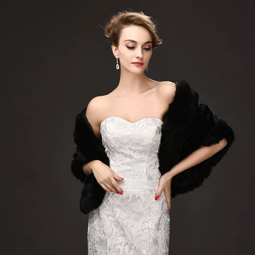 Miniatura 2 de CHITONE Abrigo de piel sintética negra para mujer, chal para boda, fiesta, espectáculo, Negro