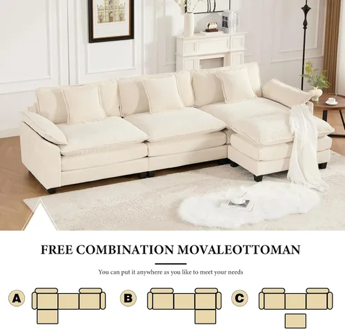 Miniatura 8 de Sofá seccional modular beige de 117.3", sofás seccionales grandes de 3 plazas para sala de estar, sofá nube oversized de tela chenille con otomana