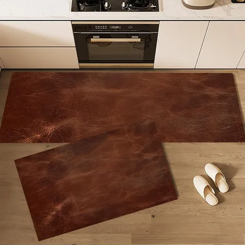 Miniatura 4 de Kitchen Mats for Floor 2 Piece Set Abstract Leather Texture Non Slip Kitchen Rugs Washable Retro Aesthetics Floor Mats Rust Brown Area Rug Runner