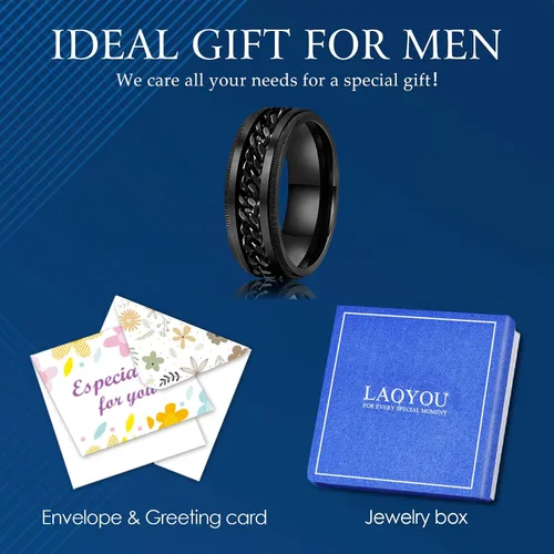 Miniatura 11 de LAOYOU Anillo giratorio para hombre para alivio de la ansiedad 0.315 in de acero inoxidable negro anillo de ansiedad con incrustaciones de cadena