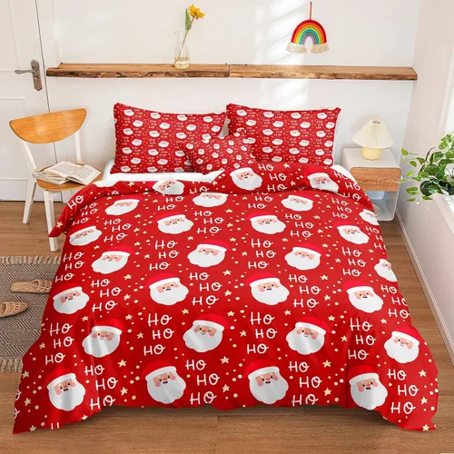 Miniatura 21 de Juego de ropa de cama de Navidad con funda de edredón de copos de nieve, color blanco y rojo, con estampado navideño, juego de ropa de cama festiva