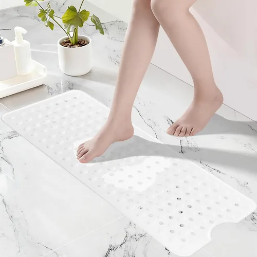Miniatura 10 de Tapete de silicona antideslizante para bañera de 36 x 16 pulgadas, con orificios de drenaje y ventosas, tapetes mejorados para bañera y ducha, Negro