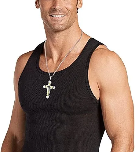 Miniatura 6 de Collar con colgante de cruz de Jesucristo grande de acero inoxidable, joyería religiosa para hombres, cadena de 24 pulgadas, color plataoronegro