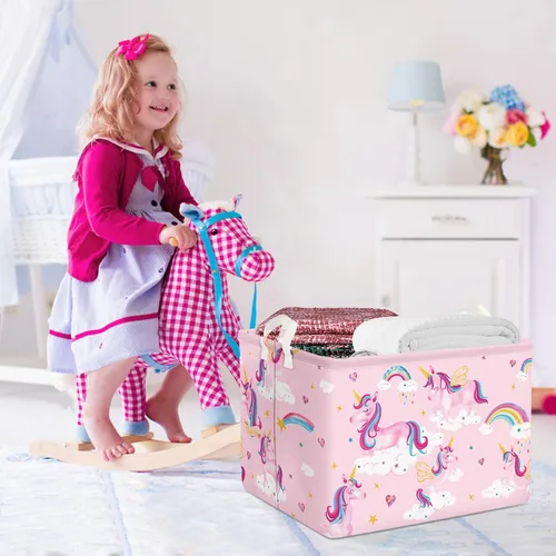 Miniatura 4 de Clastyle Adorable cesta de estante de unicornios rosados para niños, diseño de nube, corazón, arco iris, cesta de regalo rectangular para ropa