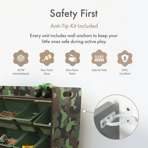Miniatura 7 de Humble Crew - Organizador de almacenamiento de juguetes con estante superior y 9 contenedores removibles, camuflaje/verde ejército – Estantería