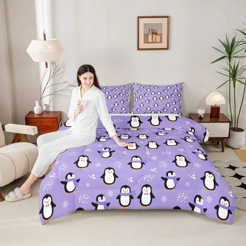 Miniatura 4 de Juego de edredón de pingüino, tamaño matrimonial, edredón de plumón de pingüino kawaii, juego de ropa de cama de animales antárticos para niños