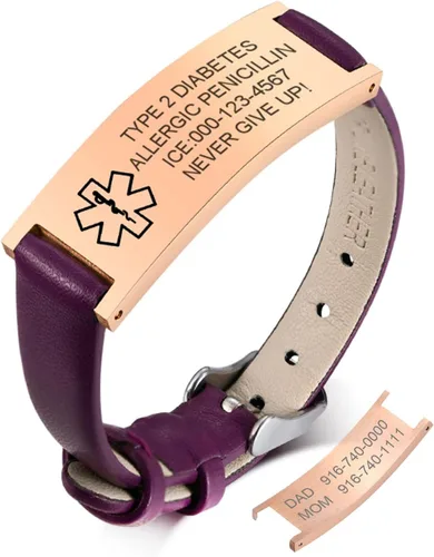 Miniatura 9 de MPRAINBOW Pulsera de alerta médica personalizada para mujer, correa de reloj de cuero genuino, grabado de doble cara, diabetes, epilepsia, joyería