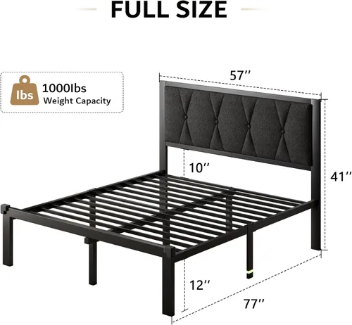 Miniatura 2 de iPormis Base de cama tamaño matrimonial de metal, cama de plataforma con cabecera de botones de lino, soporte de listones resistentes, 30 cm