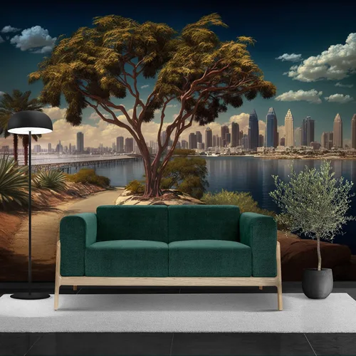 Miniatura 6 de Papel tapiz único de paisaje de la ciudad de San Diego, rascacielos y vista del árbol, arte mural de pared grande para decoración de dormitorio