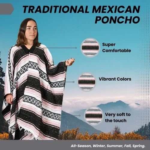 Miniatura 39 de Artisans Bazaar Poncho tradicional mexicano de Baja para hombres y mujeres, auténtico sarape de Gaban, manta de vaquero Pancho Jorongo