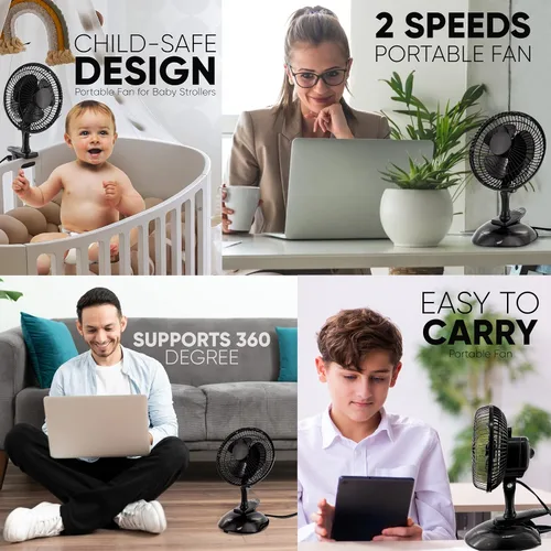 Miniatura 7 de RamPro Escritorio portátil y ventilador de clip, ventiladores de 6 pulgadas, enchufe pequeño y silencioso, pequeño ventilador de refrigeración Negro