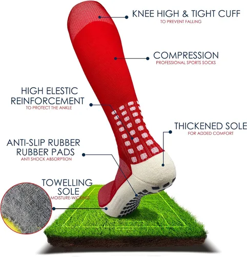 Miniatura 4 de Vegove 6 pares de calcetines de fútbol para hombre con agarre, calcetines deportivos antideslizantes, base de compresión alta hasta la rodilla