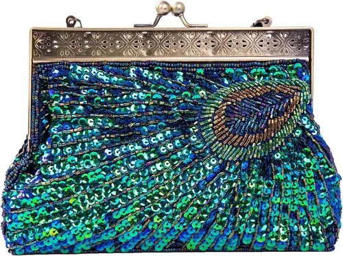 Adoranda Bolso de noche vintage de los años 20 bolso de mano para mujer cadena de lentejuelas para novia bolso de hombro para boda y fiesta azul