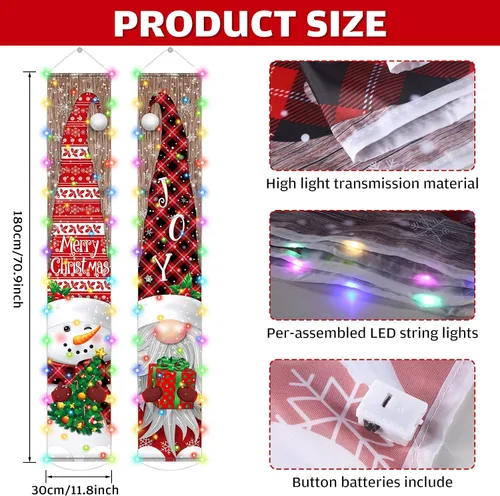 Miniatura 2 de Irenare Decoraciones de Pancarta de Navidad Iluminada con Luz LED Feliz Navidad Letrero de Porche Frontal Muñeco de Nieve Gnomo Pancarta Colgante