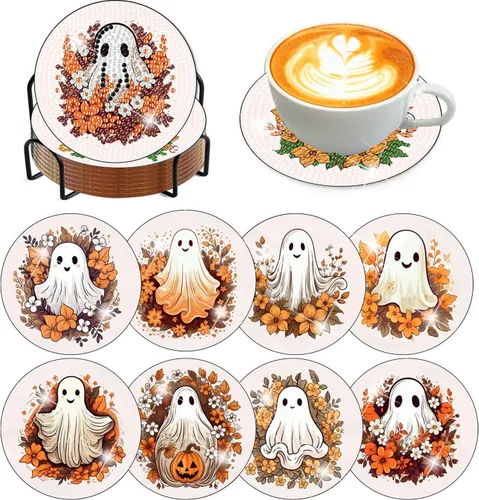 Miniatura 8 de Meothan Juego de 8 posavasos de arte de diamante para adultos con soporte, almohadillas de corcho, posavasos de arte de puntos de diamante de vidrio