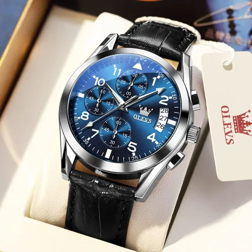Miniatura 2 de OLEVS Relojes de hombre de cuero marrón con fecha, relojes casuales para hombre, relojes de cara grande para hombre, cronógrafo para hombre, reloj