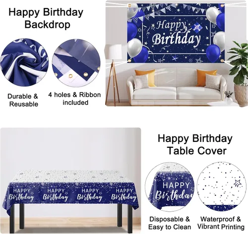 Miniatura 6 de Decoraciones de cumpleaños azul marino para hombres, niños, mujeres y niñas, 80 piezas de decoraciones de fiesta azules y plateadas, telón de fondo