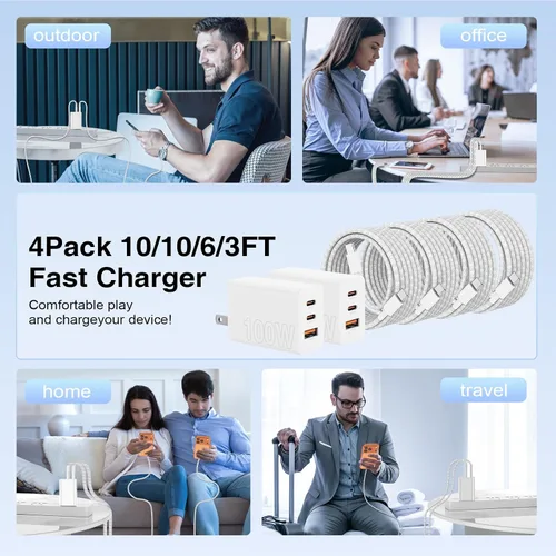 Miniatura 7 de USB C de carga súper rápida de 65 W para iPhone 17 16 Pro Max, bloque de carga USB C de 3 puertos de 100 W PD y cable trenzado tipo C de 3/6/6/10