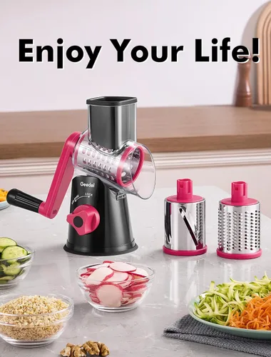 Miniatura 9 de Geedel Rallador rotativo de queso, cortador de verduras de mandolina de cocina con 3 cuchillas intercambiables, fácil de limpiar, rallador giratorio