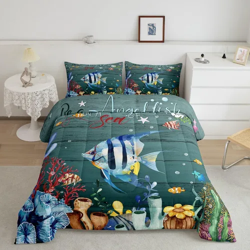 Miniatura 13 de Erosebridal Juego de edredón de ajolote rosa Kawaii Walking Fish para niños, edredón de reptil de criatura bajo el mar, arrecife de coral